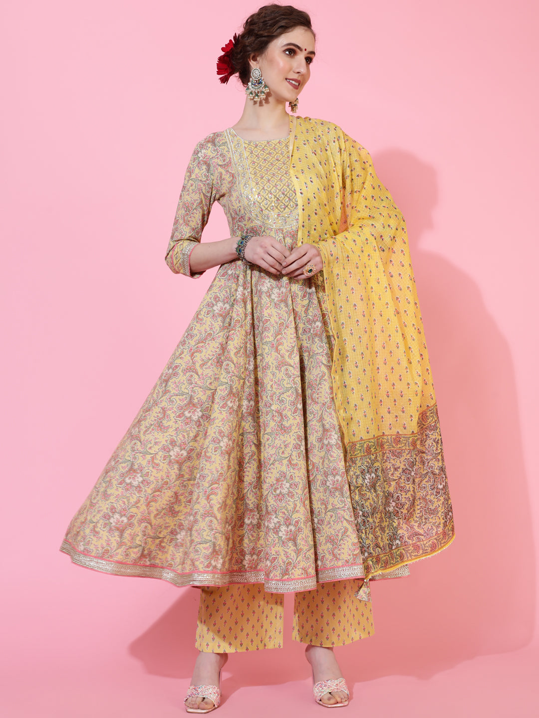 Cotton Calf Length Printed Flared 3/4  Sleeves Round Neck Kurta Bottom Dupatta Set