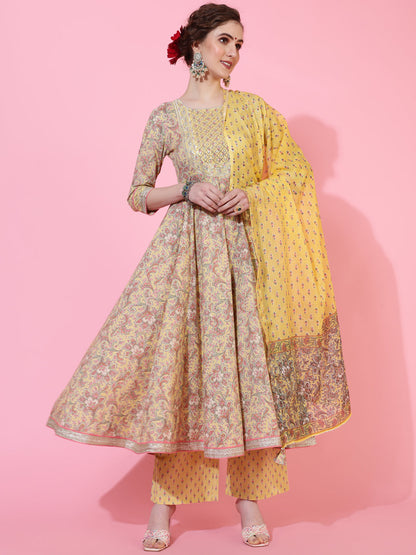 Cotton Calf Length Printed Flared 3/4  Sleeves Round Neck Kurta Bottom Dupatta Set