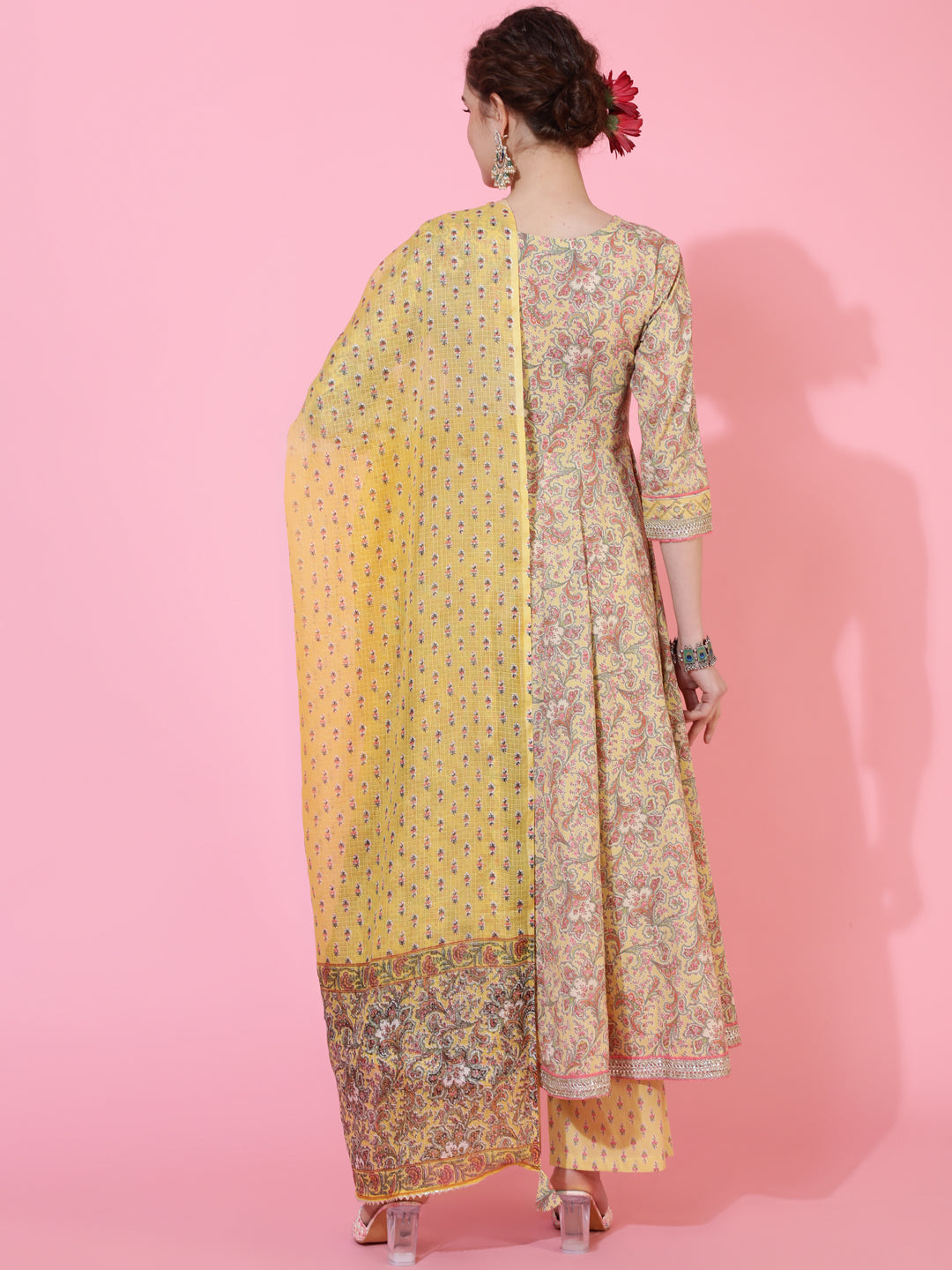 Cotton Calf Length Printed Flared 3/4  Sleeves Round Neck Kurta Bottom Dupatta Set