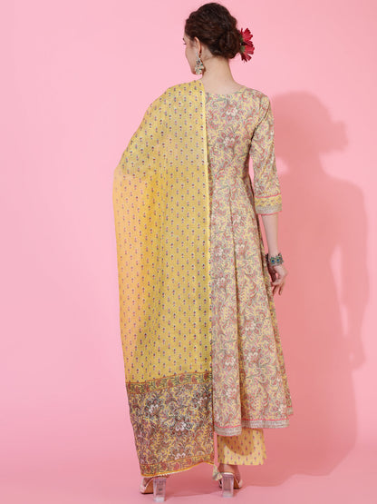 Cotton Calf Length Printed Flared 3/4  Sleeves Round Neck Kurta Bottom Dupatta Set