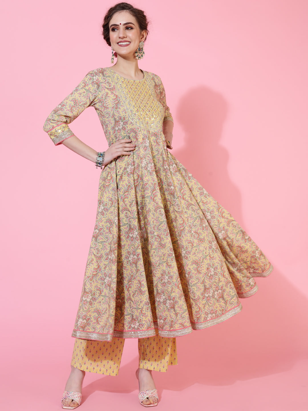 Cotton Calf Length Printed Flared 3/4  Sleeves Round Neck Kurta Bottom Dupatta Set