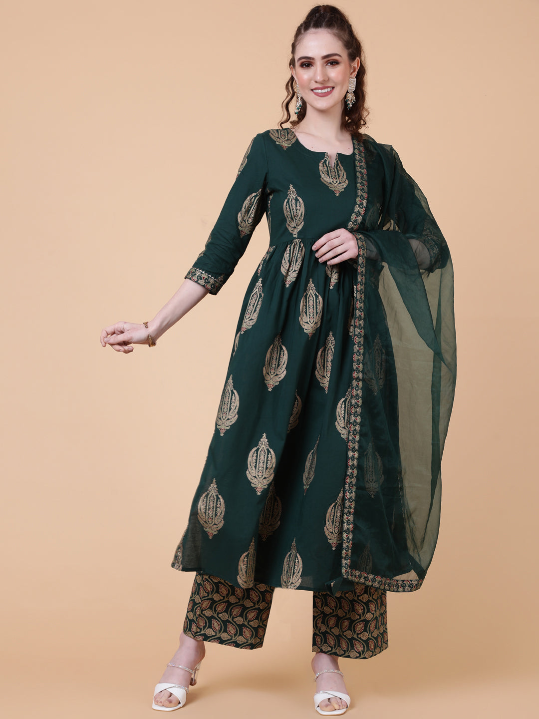 Rayon Calf Length Printed Semi-Flared 3/4  Sleeves Round Neck Kurta Bottom Dupatta Set