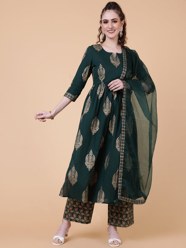 Rayon Calf Length Printed Semi-Flared 3/4  Sleeves Round Neck Kurta Bottom Dupatta Set
