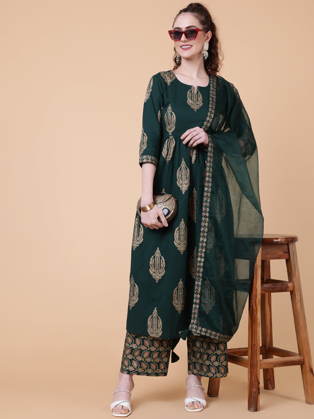 Rayon Calf Length Printed Semi-Flared 3/4  Sleeves Round Neck Kurta Bottom Dupatta Set