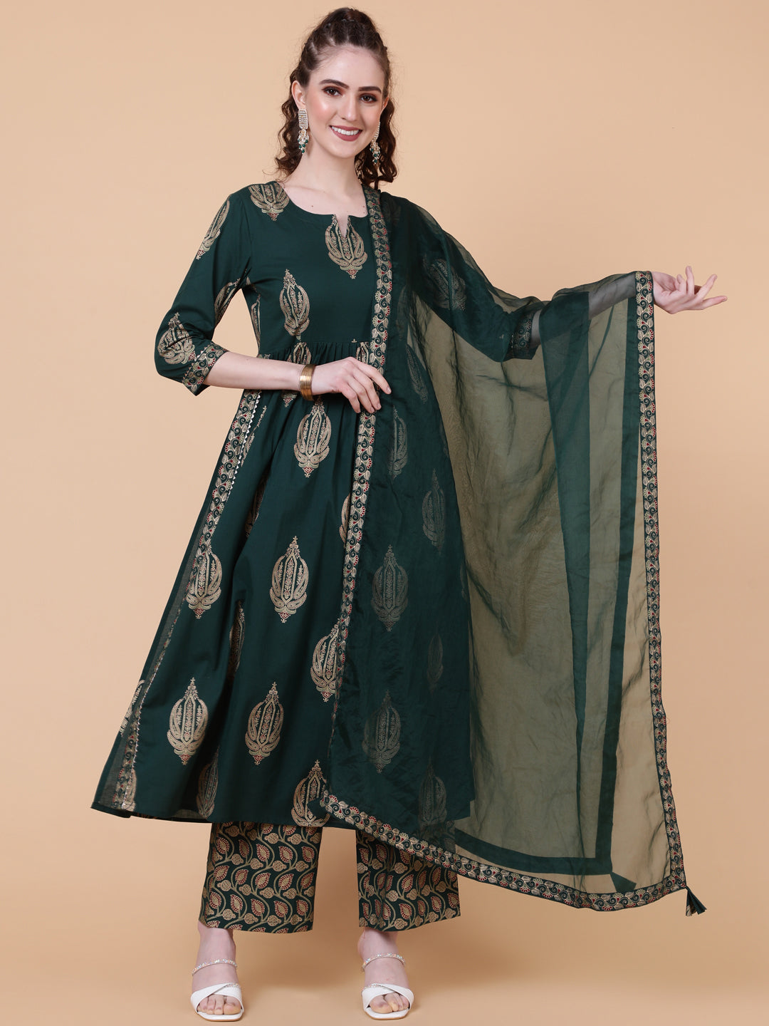 Rayon Calf Length Printed Semi-Flared 3/4  Sleeves Round Neck Kurta Bottom Dupatta Set