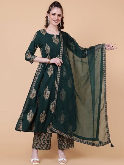 Rayon Calf Length Printed Semi-Flared 3/4  Sleeves Round Neck Kurta Bottom Dupatta Set