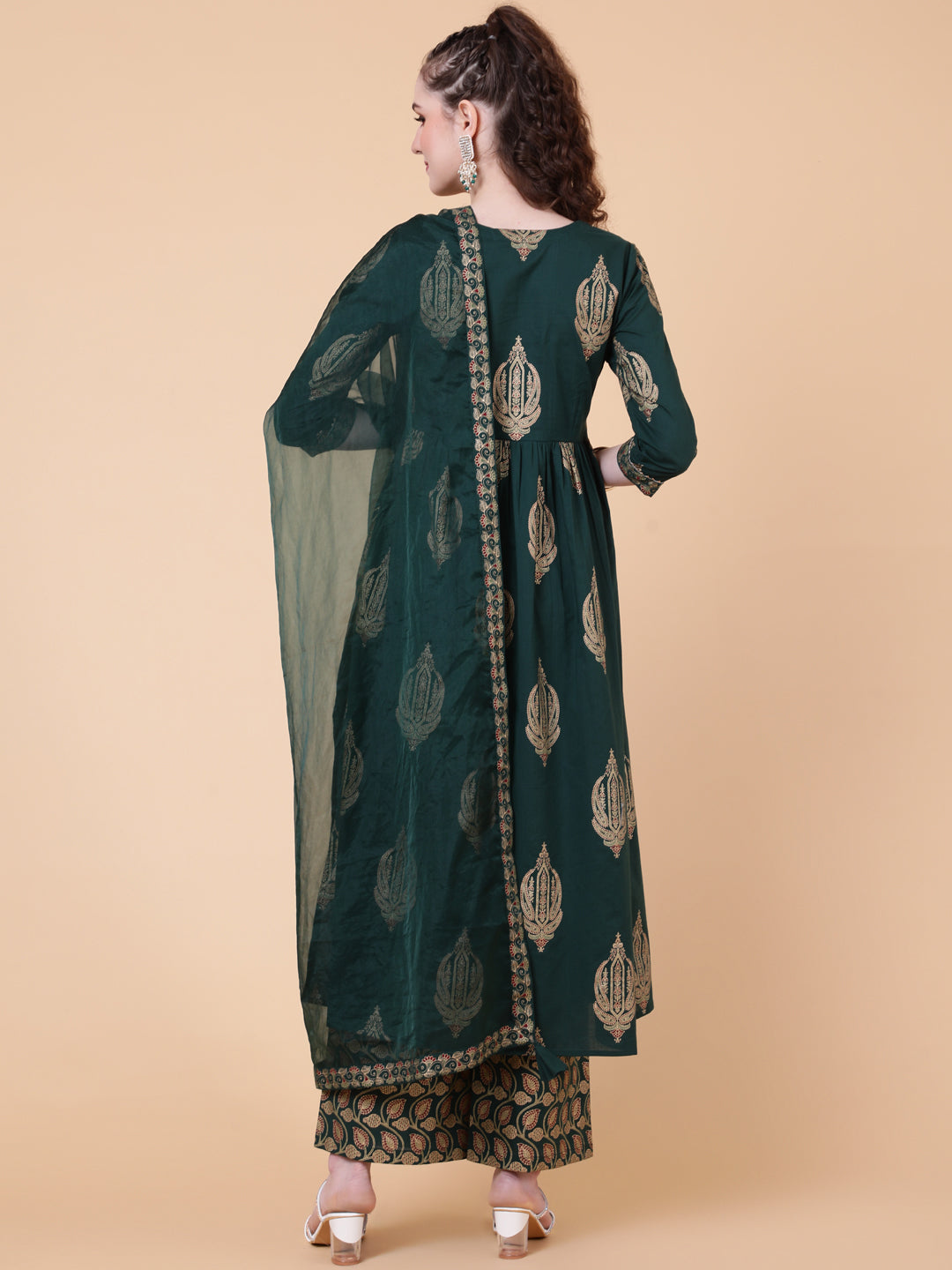 Rayon Calf Length Printed Semi-Flared 3/4  Sleeves Round Neck Kurta Bottom Dupatta Set