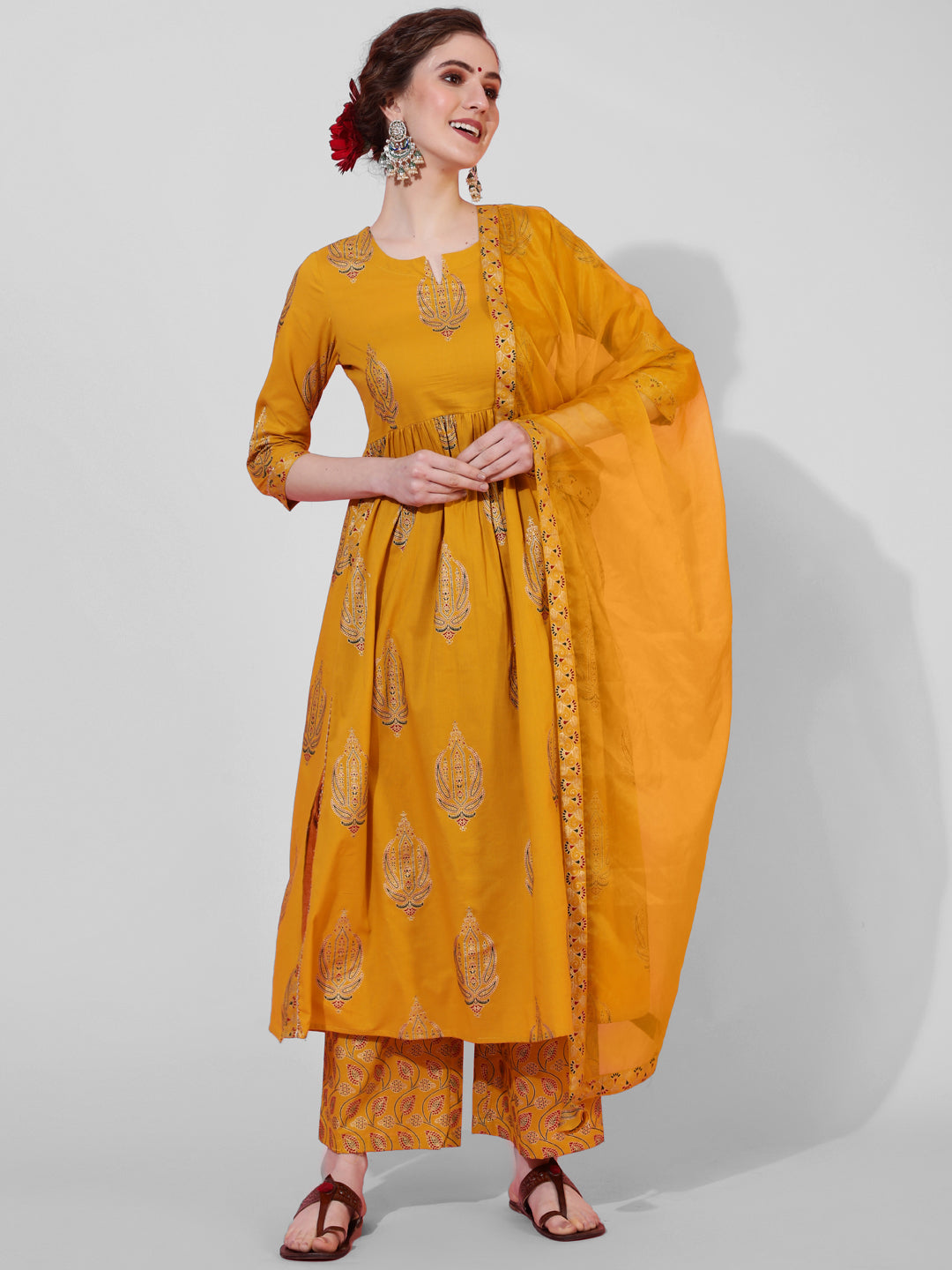 Rayon Calf Length Printed Semi-Flared 3/4  Sleeves Round Neck Kurta Bottom Dupatta Set