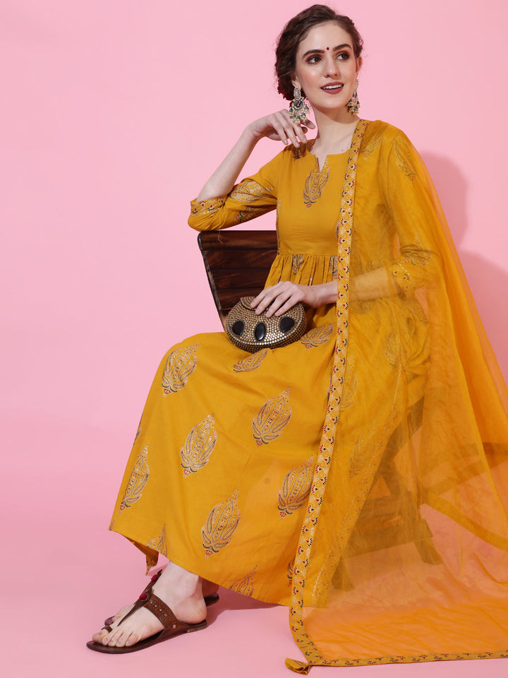 Rayon Calf Length Printed Semi-Flared 3/4  Sleeves Round Neck Kurta Bottom Dupatta Set