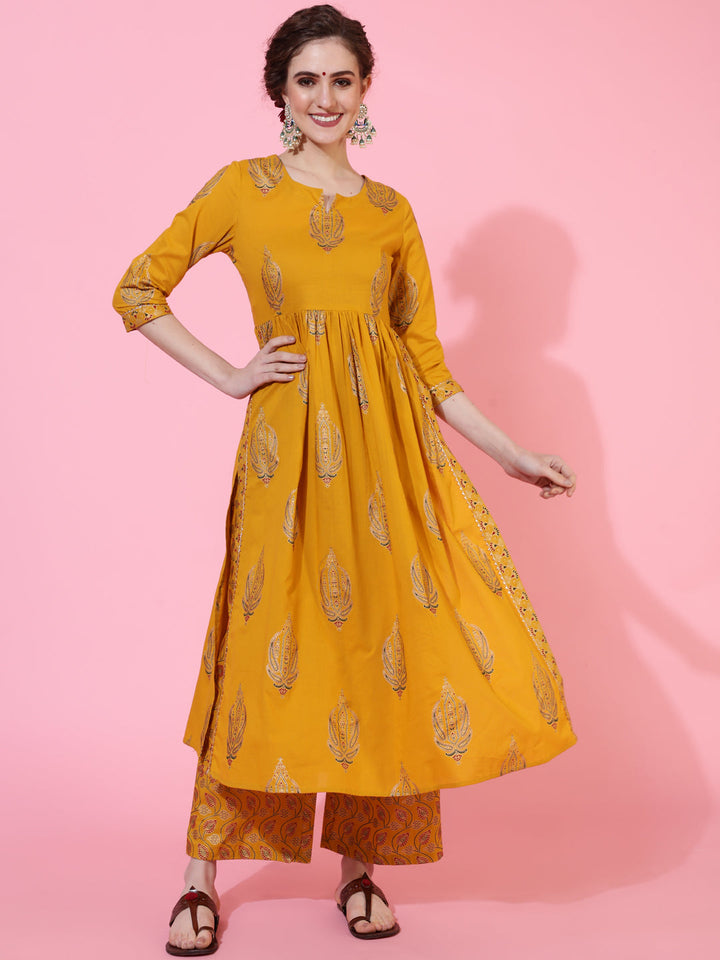 Rayon Calf Length Printed Semi-Flared 3/4  Sleeves Round Neck Kurta Bottom Dupatta Set