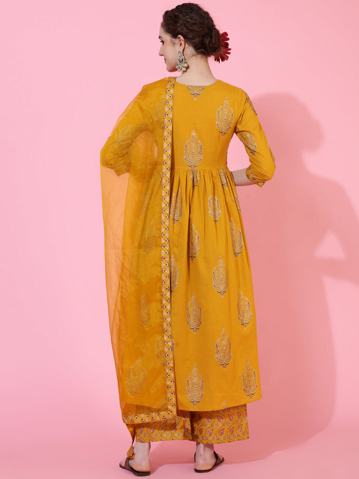 Rayon Calf Length Printed Semi-Flared 3/4  Sleeves Round Neck Kurta Bottom Dupatta Set