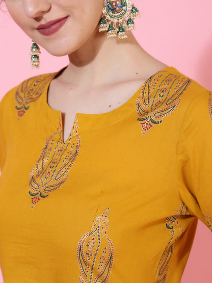 Rayon Calf Length Printed Semi-Flared 3/4  Sleeves Round Neck Kurta Bottom Dupatta Set