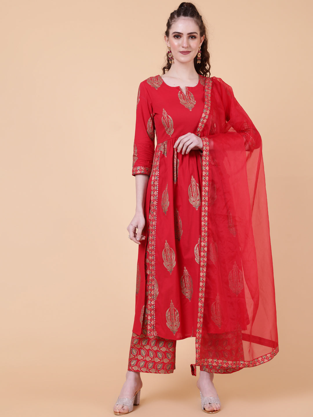 Rayon Calf Length Printed Semi-Flared 3/4  Sleeves Round Neck Kurta Bottom Dupatta Set