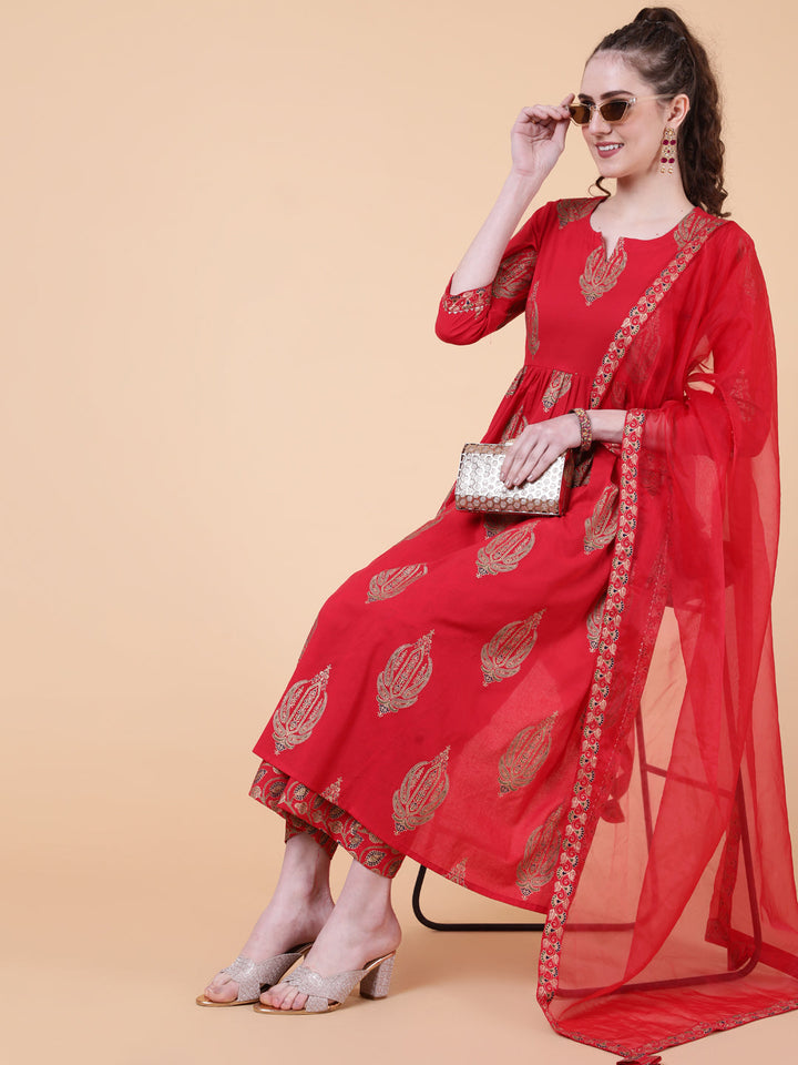Rayon Calf Length Printed Semi-Flared 3/4  Sleeves Round Neck Kurta Bottom Dupatta Set
