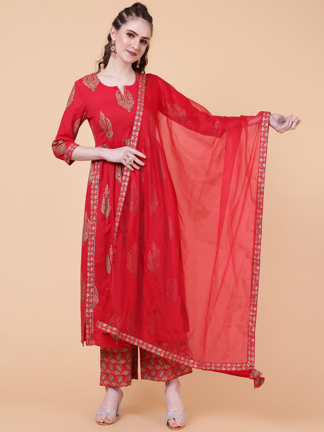 Rayon Calf Length Printed Semi-Flared 3/4  Sleeves Round Neck Kurta Bottom Dupatta Set