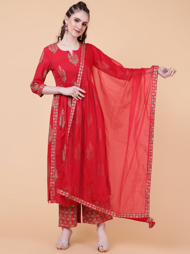 Rayon Calf Length Printed Semi-Flared 3/4  Sleeves Round Neck Kurta Bottom Dupatta Set