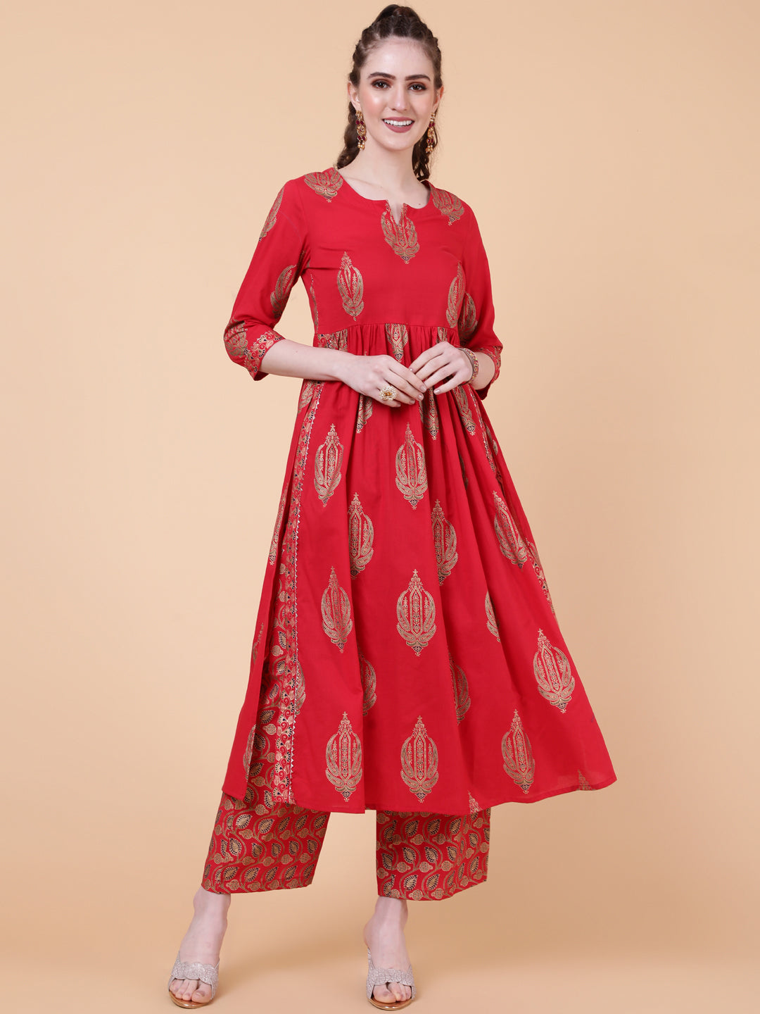 Rayon Calf Length Printed Semi-Flared 3/4  Sleeves Round Neck Kurta Bottom Dupatta Set