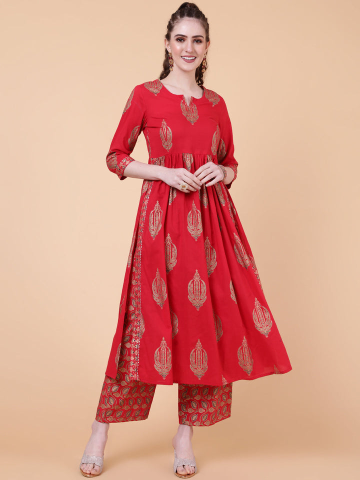 Rayon Calf Length Printed Semi-Flared 3/4  Sleeves Round Neck Kurta Bottom Dupatta Set