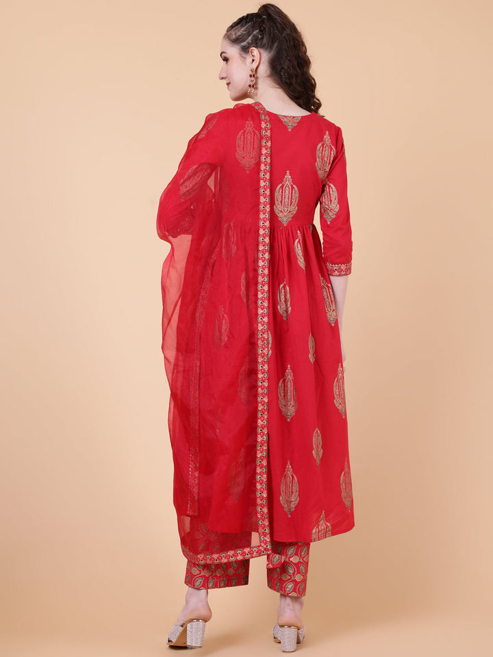Rayon Calf Length Printed Semi-Flared 3/4  Sleeves Round Neck Kurta Bottom Dupatta Set