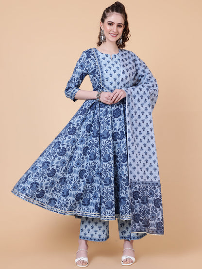 Cotton Calf Length Printed Flared 3/4  Sleeves Round Neck Kurta Bottom Dupatta Set