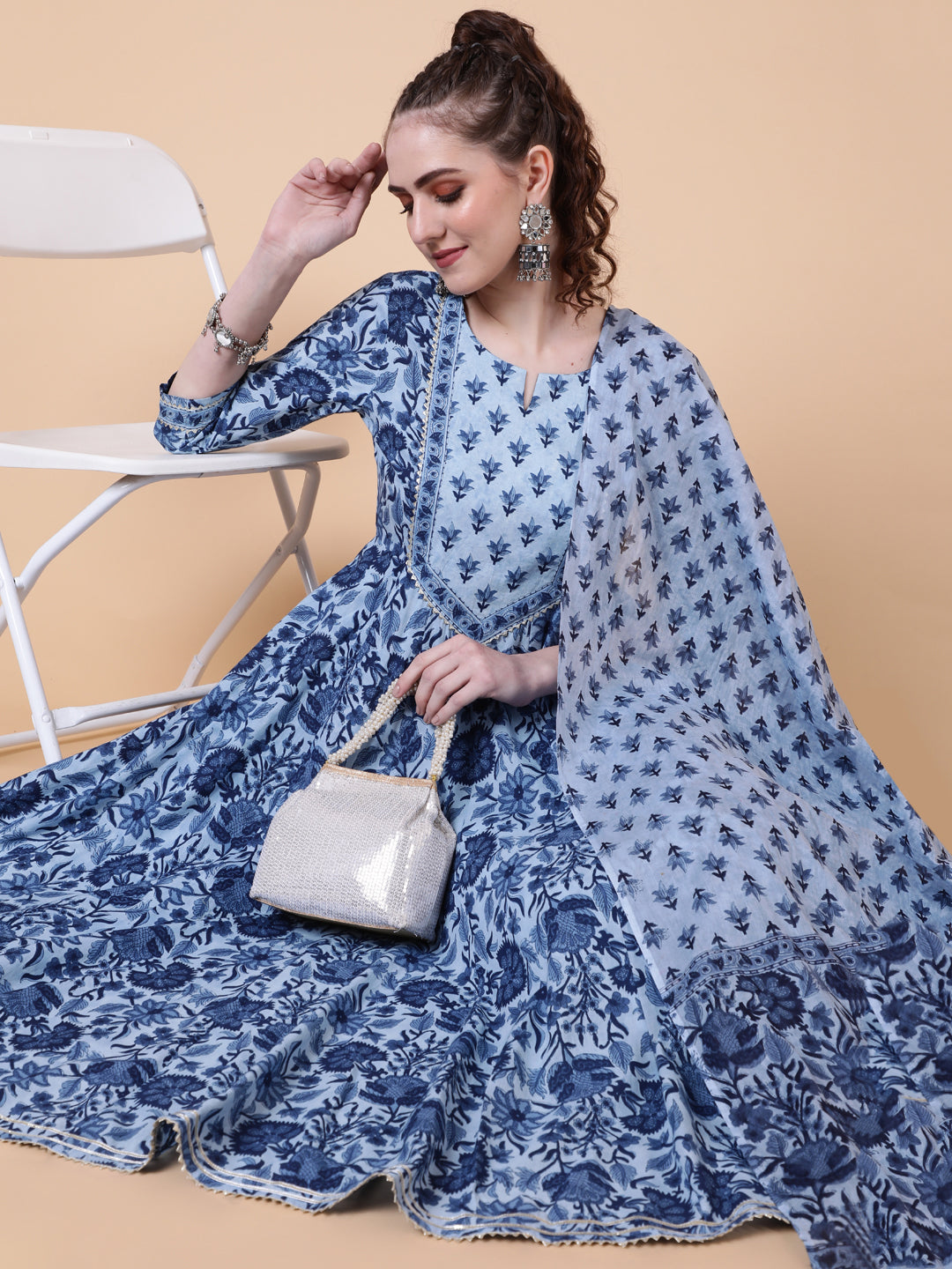 Cotton Calf Length Printed Flared 3/4  Sleeves Round Neck Kurta Bottom Dupatta Set