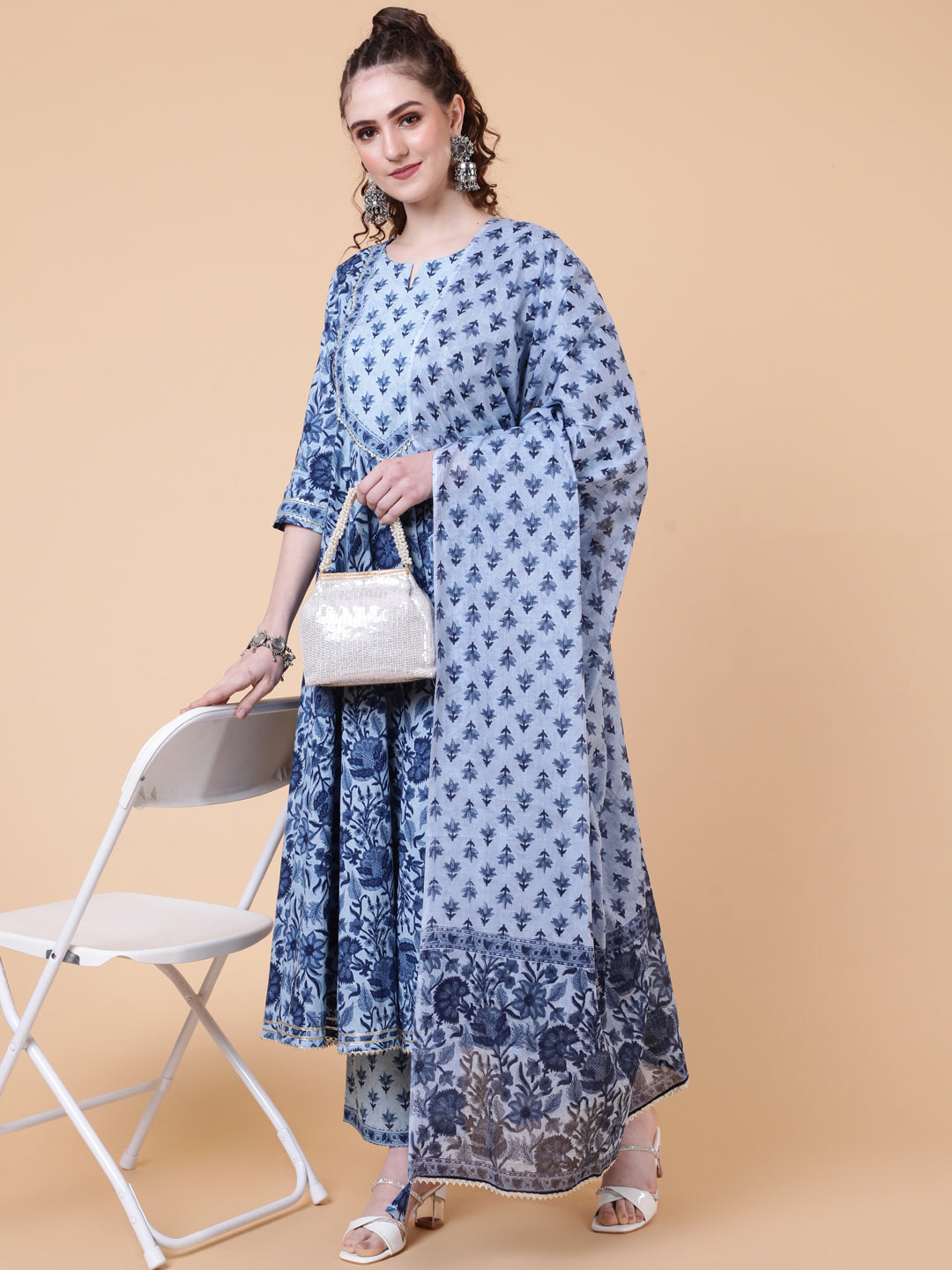 Cotton Calf Length Printed Flared 3/4  Sleeves Round Neck Kurta Bottom Dupatta Set