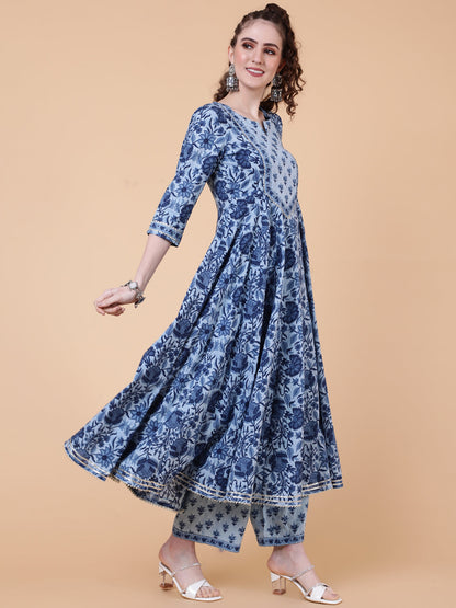 Cotton Calf Length Printed Flared 3/4  Sleeves Round Neck Kurta Bottom Dupatta Set
