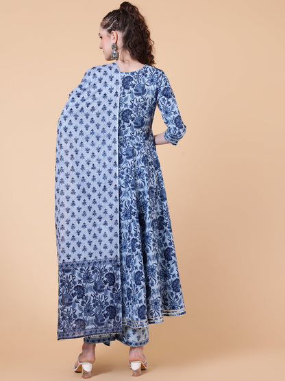 Cotton Calf Length Printed Flared 3/4  Sleeves Round Neck Kurta Bottom Dupatta Set