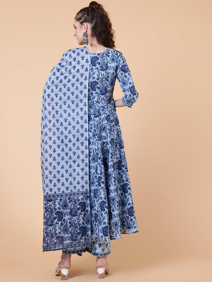 Cotton Calf Length Printed Flared 3/4  Sleeves Round Neck Kurta Bottom Dupatta Set