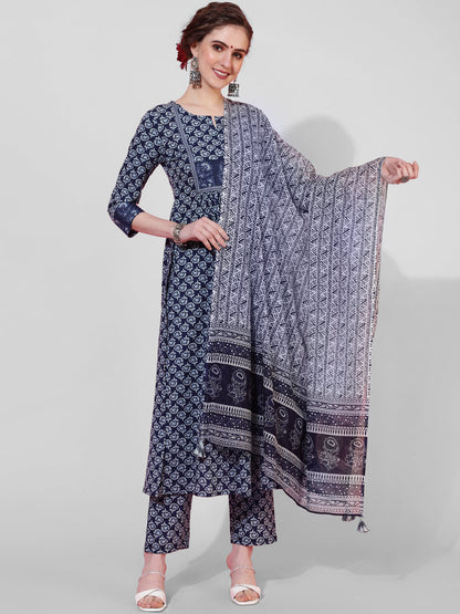Cotton Calf Length Printed Semi-Flared 3/4  Sleeves Round Neck Kurta Bottom Dupatta Set
