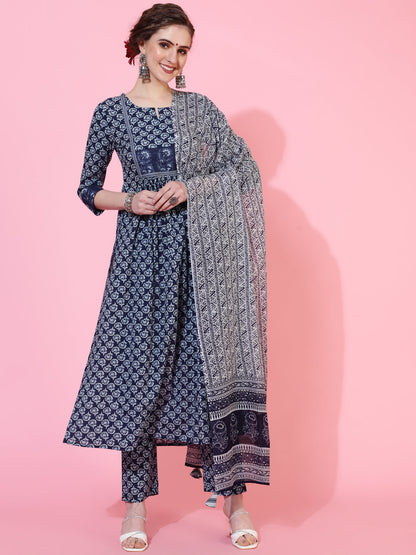 Cotton Calf Length Printed Semi-Flared 3/4  Sleeves Round Neck Kurta Bottom Dupatta Set