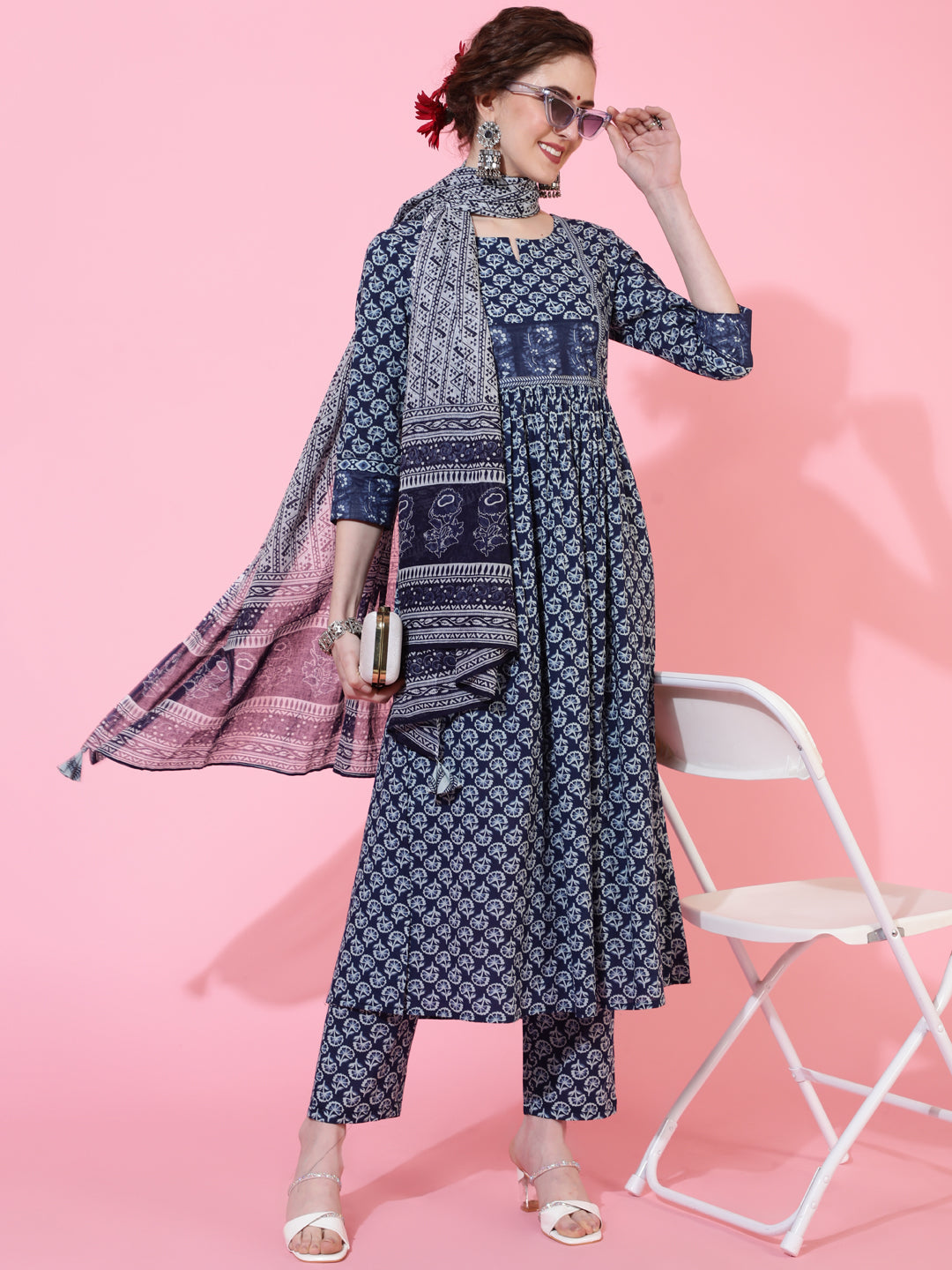 Cotton Calf Length Printed Semi-Flared 3/4  Sleeves Round Neck Kurta Bottom Dupatta Set