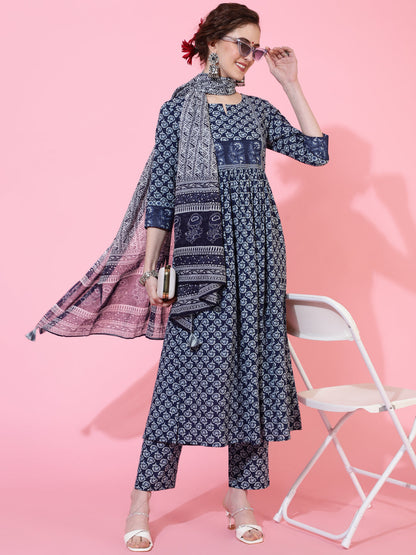 Cotton Calf Length Printed Semi-Flared 3/4  Sleeves Round Neck Kurta Bottom Dupatta Set