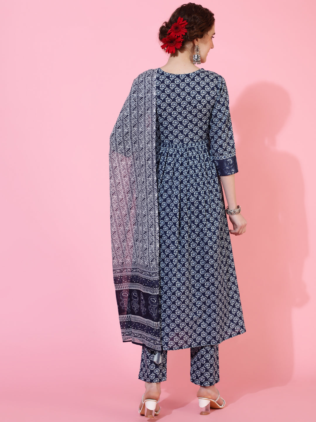 Cotton Calf Length Printed Semi-Flared 3/4  Sleeves Round Neck Kurta Bottom Dupatta Set