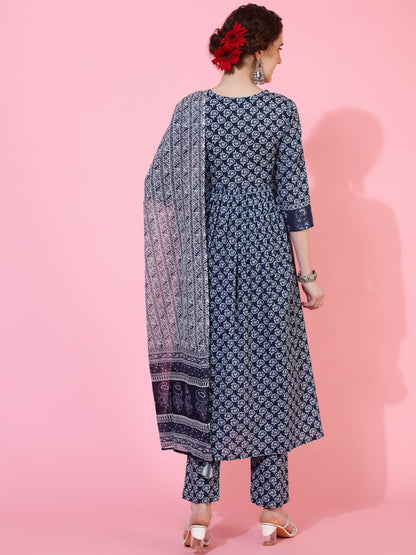 Cotton Calf Length Printed Semi-Flared 3/4  Sleeves Round Neck Kurta Bottom Dupatta Set