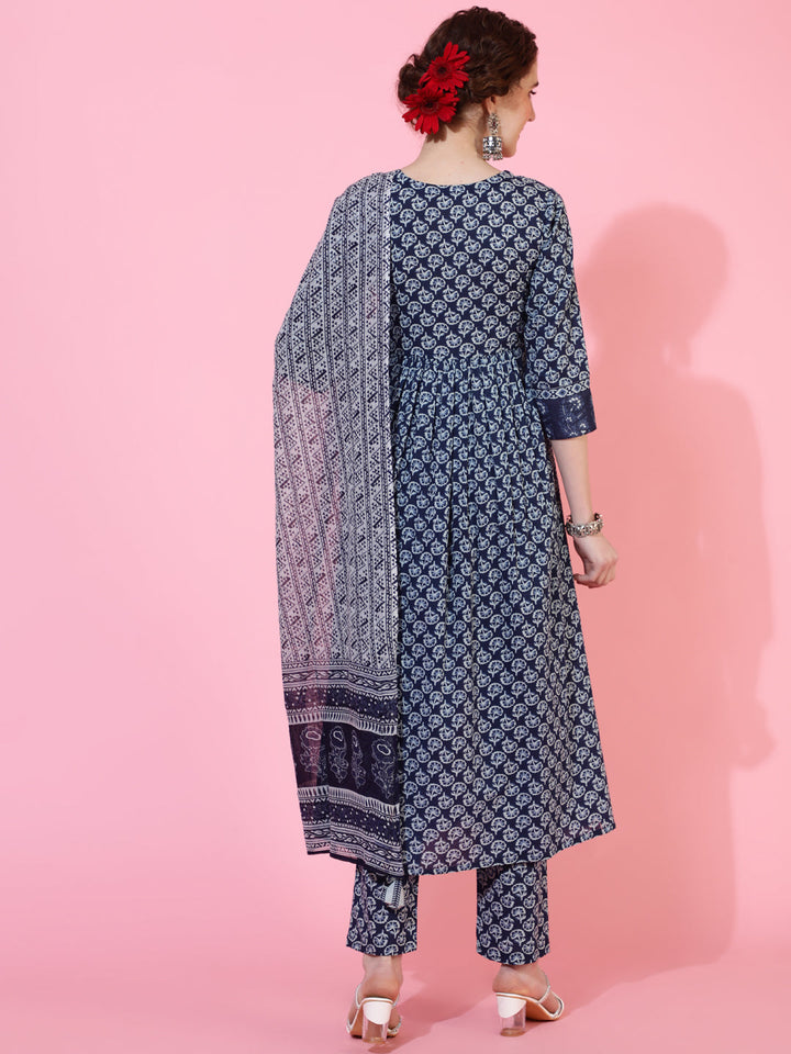 Cotton Calf Length Printed Semi-Flared 3/4  Sleeves Round Neck Kurta Bottom Dupatta Set