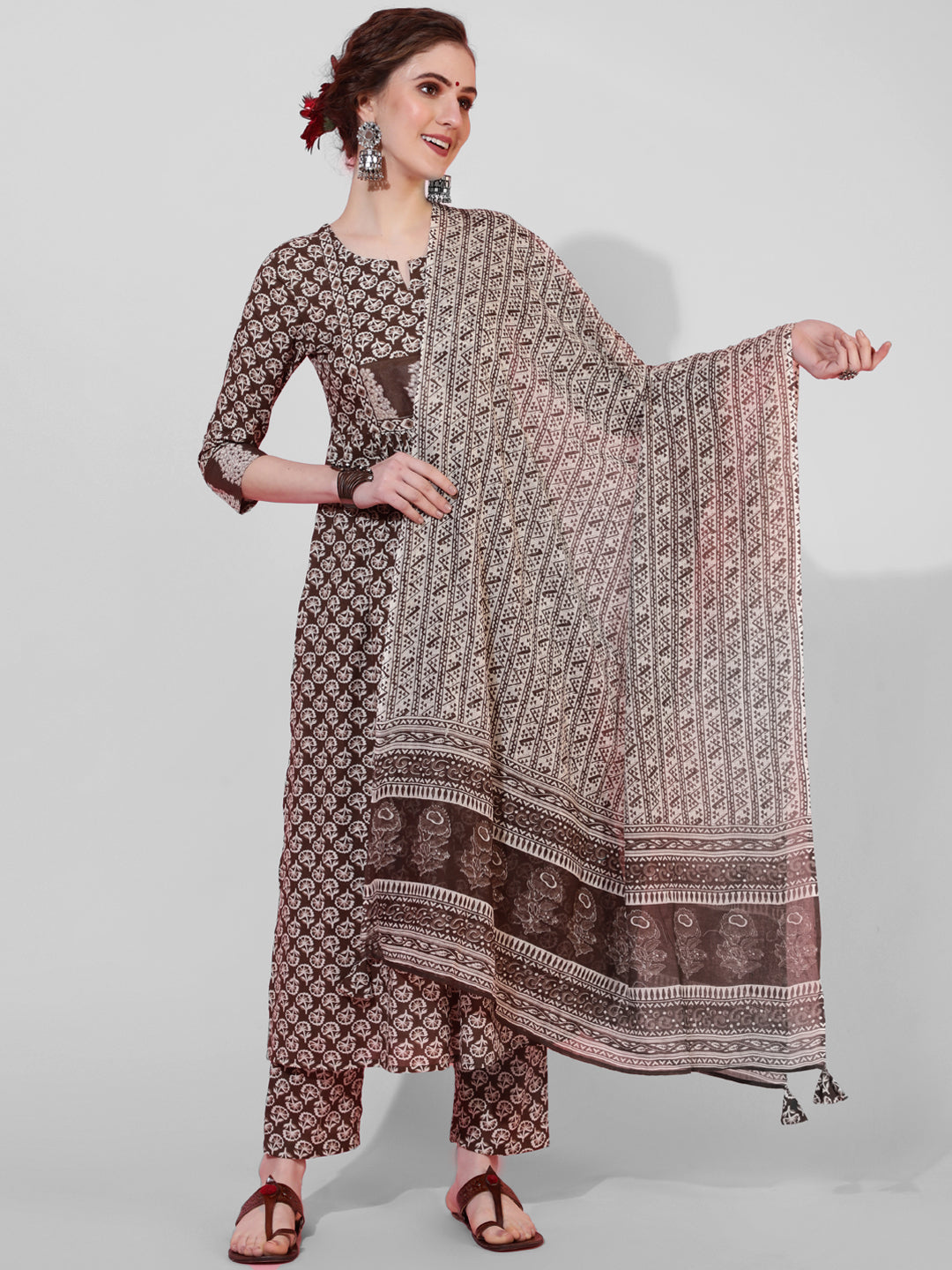 Cotton Calf Length Printed Semi-Flared 3/4  Sleeves Round Neck Kurta Bottom Dupatta Set