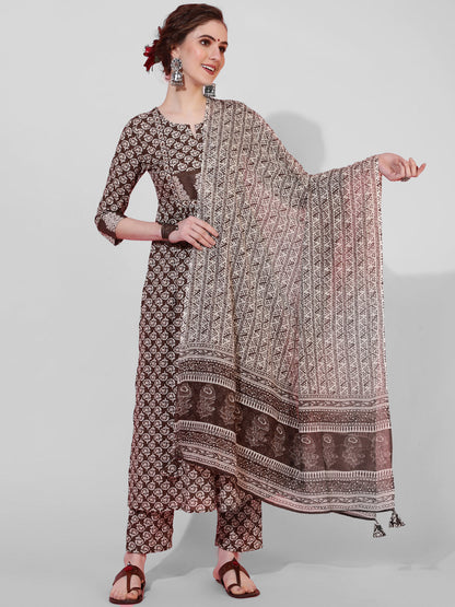Cotton Calf Length Printed Semi-Flared 3/4  Sleeves Round Neck Kurta Bottom Dupatta Set
