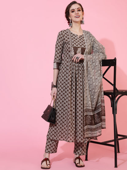 Cotton Calf Length Printed Semi-Flared 3/4  Sleeves Round Neck Kurta Bottom Dupatta Set