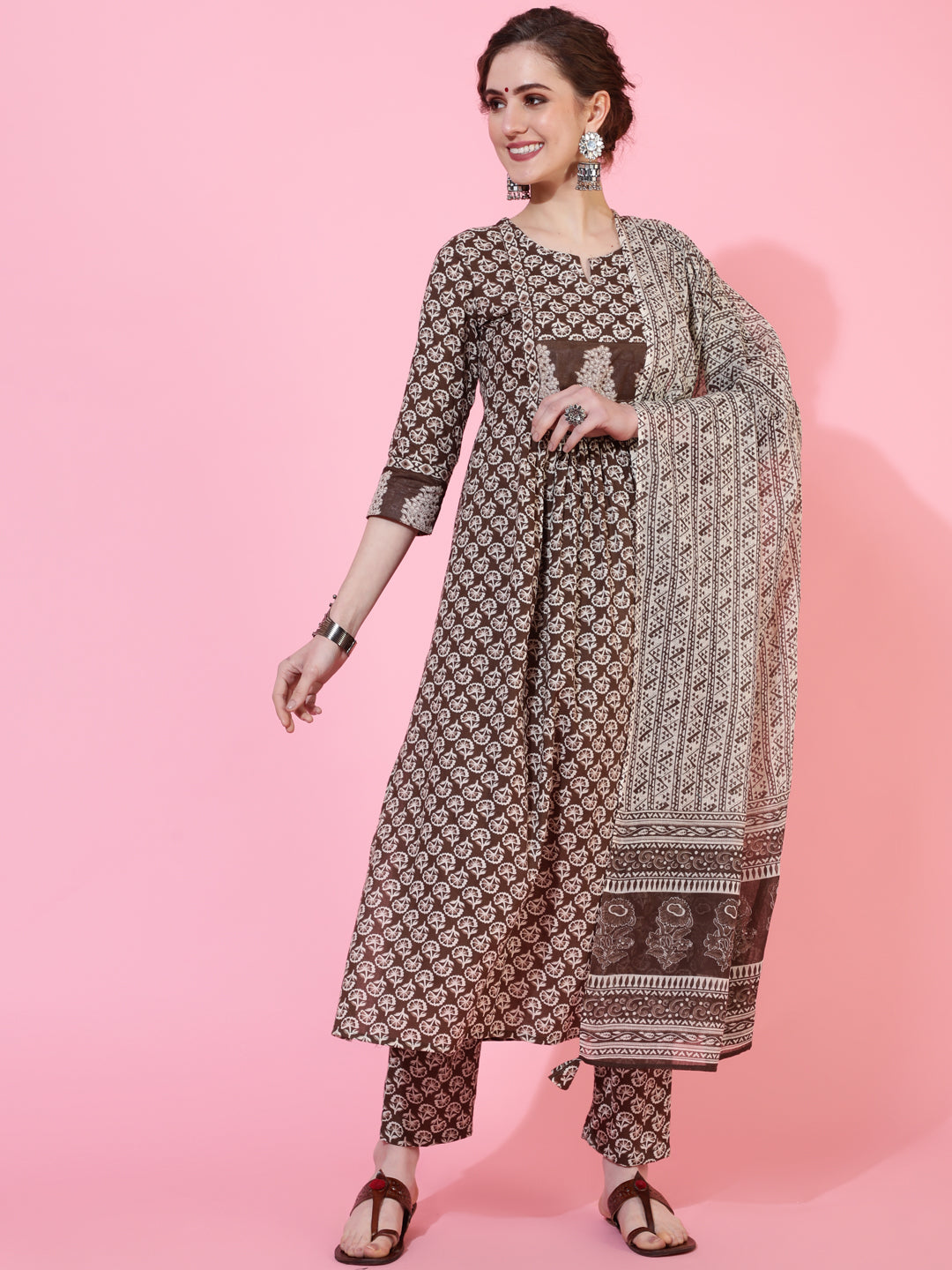 Cotton Calf Length Printed Semi-Flared 3/4  Sleeves Round Neck Kurta Bottom Dupatta Set