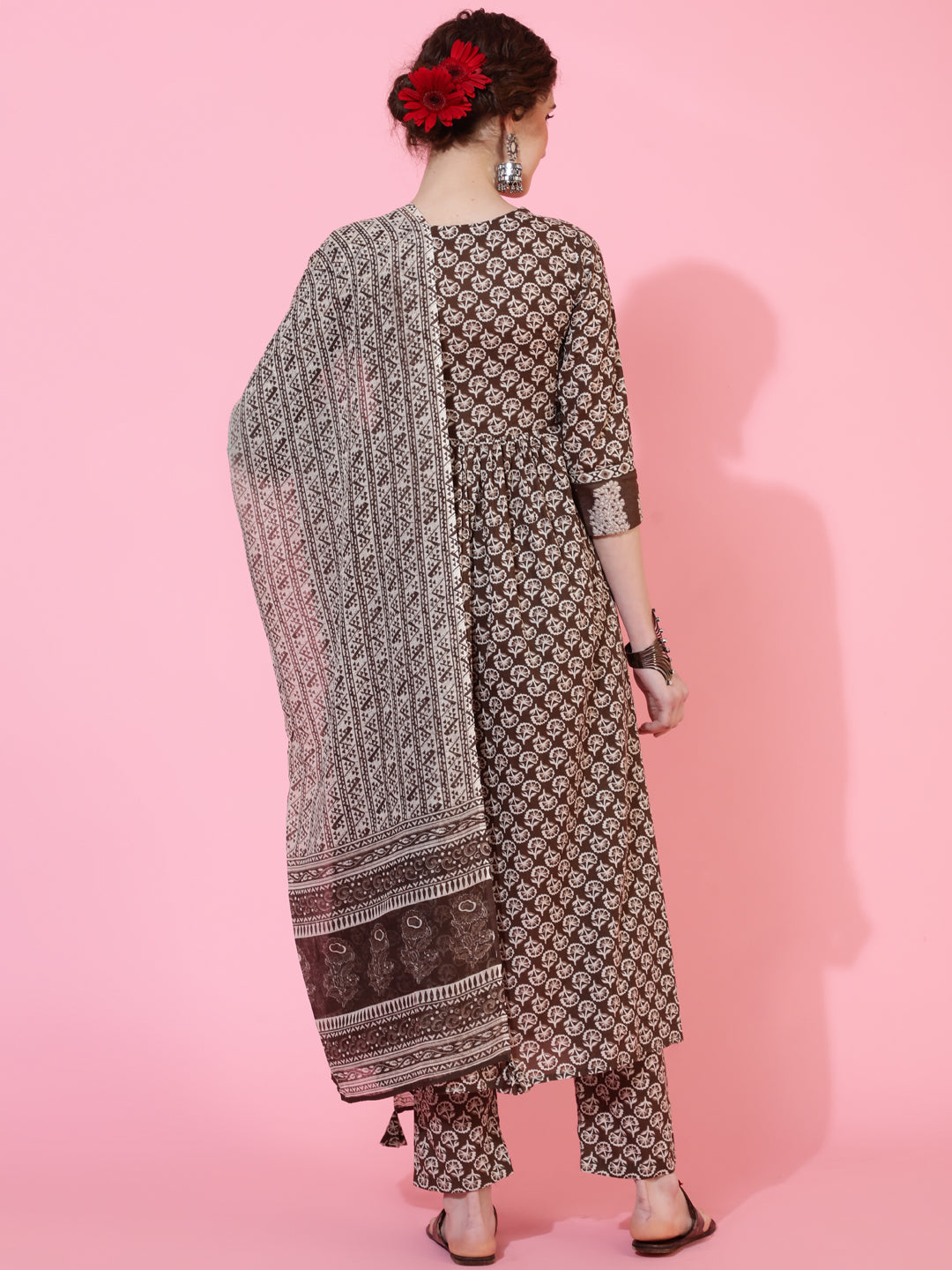 Cotton Calf Length Printed Semi-Flared 3/4  Sleeves Round Neck Kurta Bottom Dupatta Set