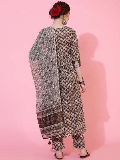 Cotton Calf Length Printed Semi-Flared 3/4  Sleeves Round Neck Kurta Bottom Dupatta Set