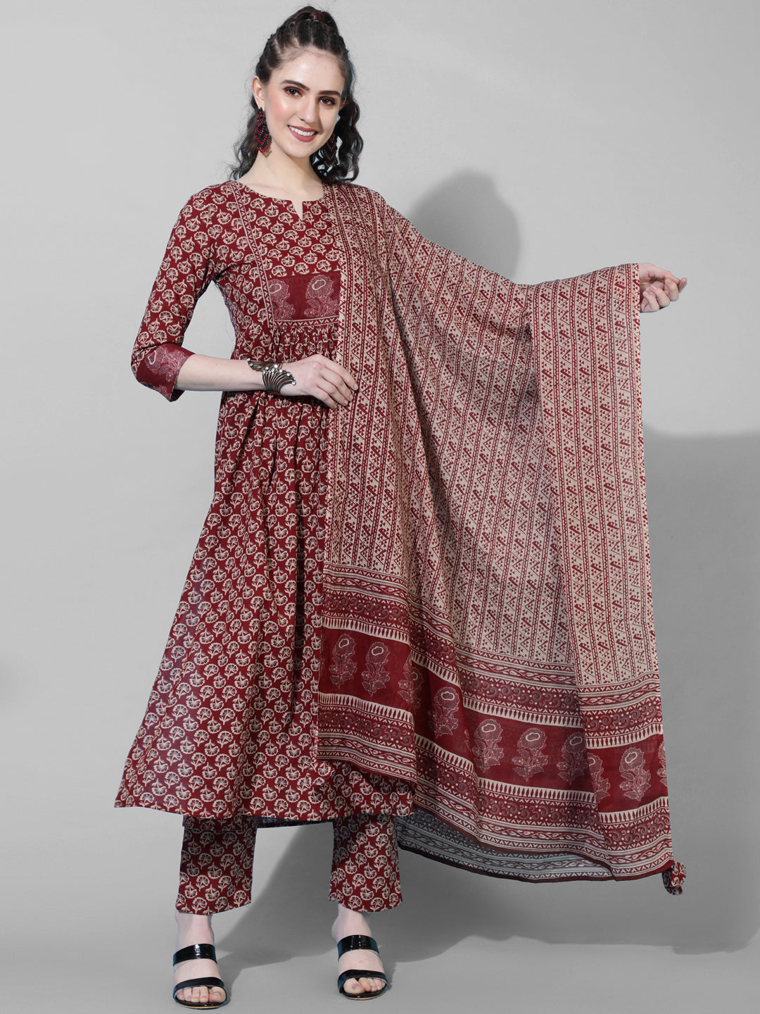 Cotton Calf Length Printed Semi-Flared 3/4  Sleeves Round Neck Kurta Bottom Dupatta Set
