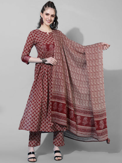 Cotton Calf Length Printed Semi-Flared 3/4  Sleeves Round Neck Kurta Bottom Dupatta Set