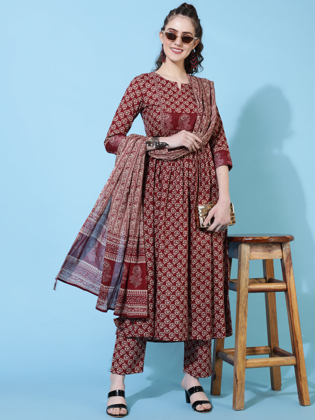 Cotton Calf Length Printed Semi-Flared 3/4  Sleeves Round Neck Kurta Bottom Dupatta Set