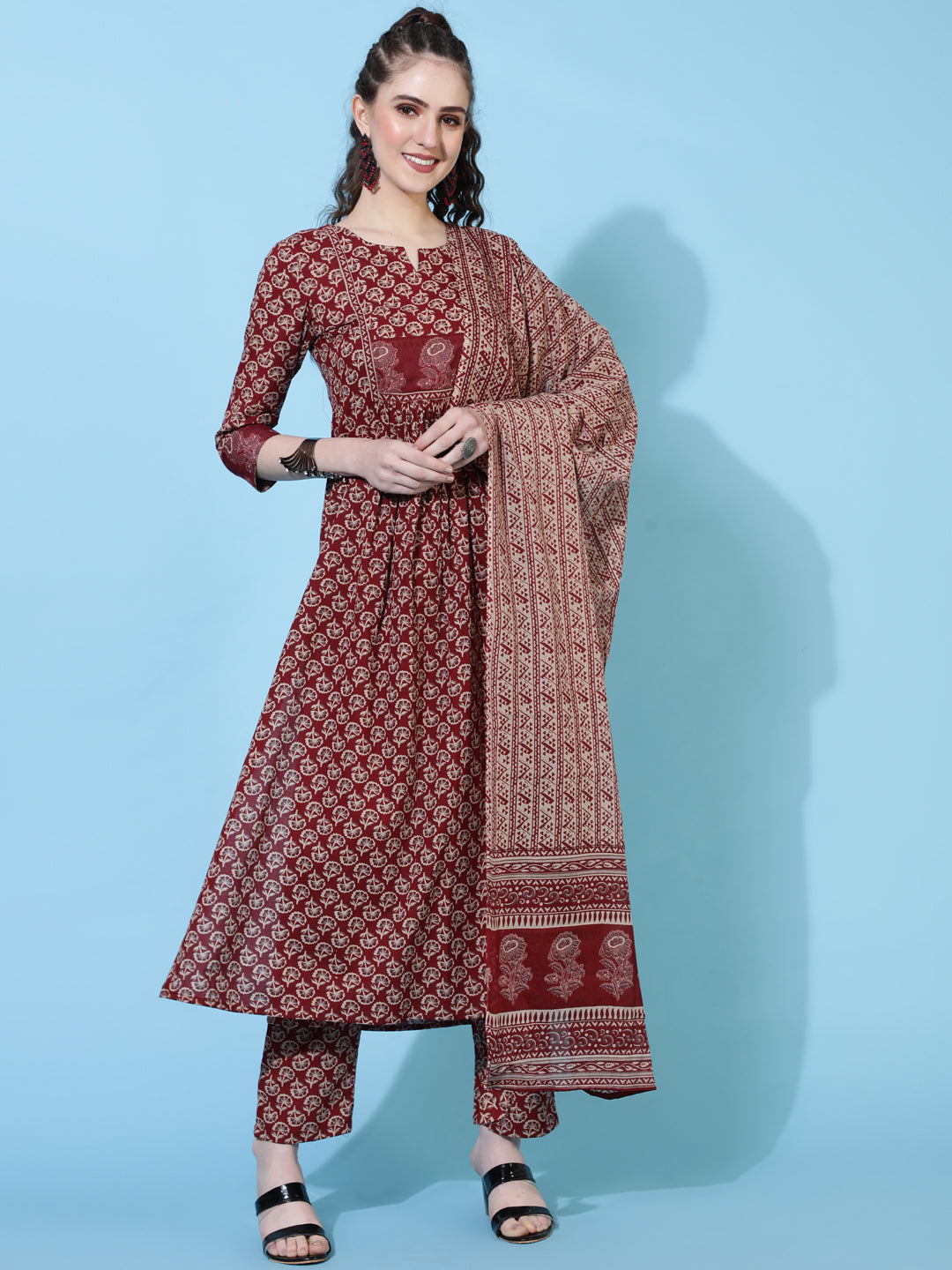 Cotton Calf Length Printed Semi-Flared 3/4  Sleeves Round Neck Kurta Bottom Dupatta Set