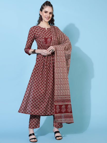 Cotton Calf Length Printed Semi-Flared 3/4  Sleeves Round Neck Kurta Bottom Dupatta Set