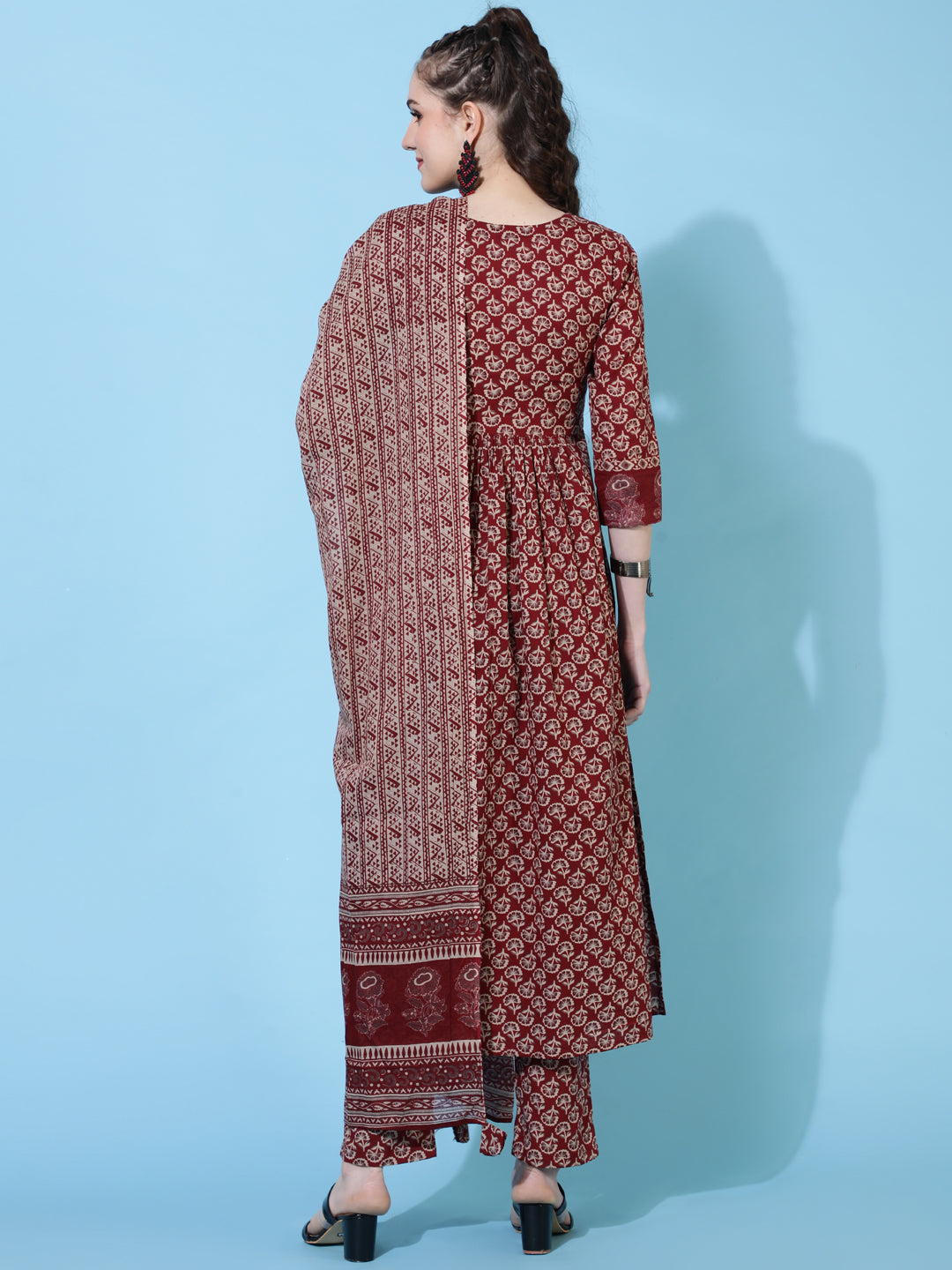 Cotton Calf Length Printed Semi-Flared 3/4  Sleeves Round Neck Kurta Bottom Dupatta Set