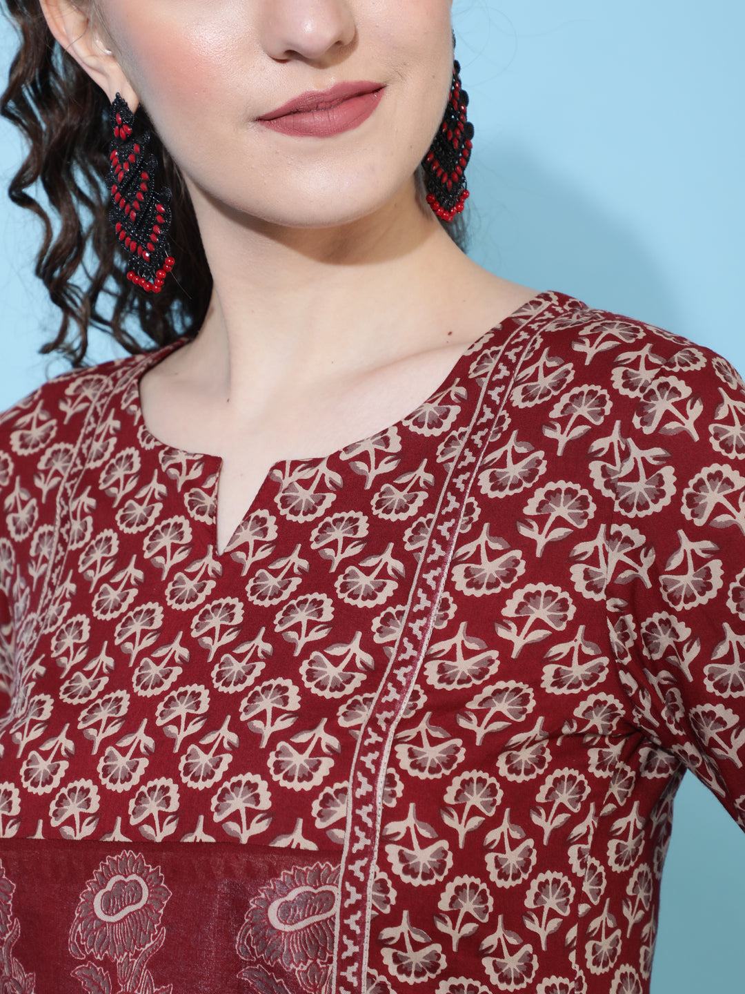 Cotton Calf Length Printed Semi-Flared 3/4  Sleeves Round Neck Kurta Bottom Dupatta Set