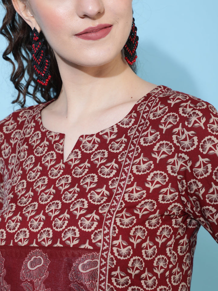 Cotton Calf Length Printed Semi-Flared 3/4  Sleeves Round Neck Kurta Bottom Dupatta Set